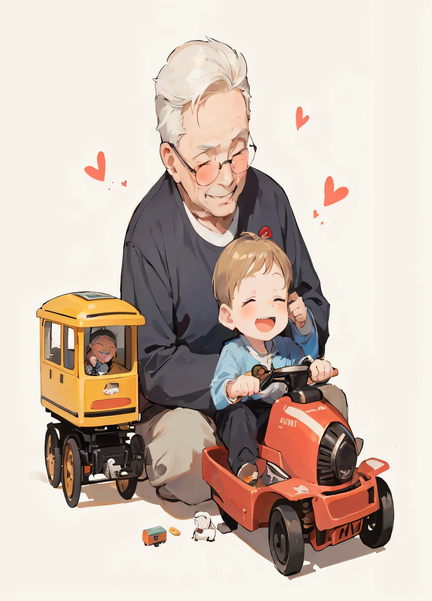 ( boy and old man:1.2), toy. play together.side by side.sitting.bright and cheerful smile.heart.game.heart-warming atmosphere.train toy.masterpiece,high quality