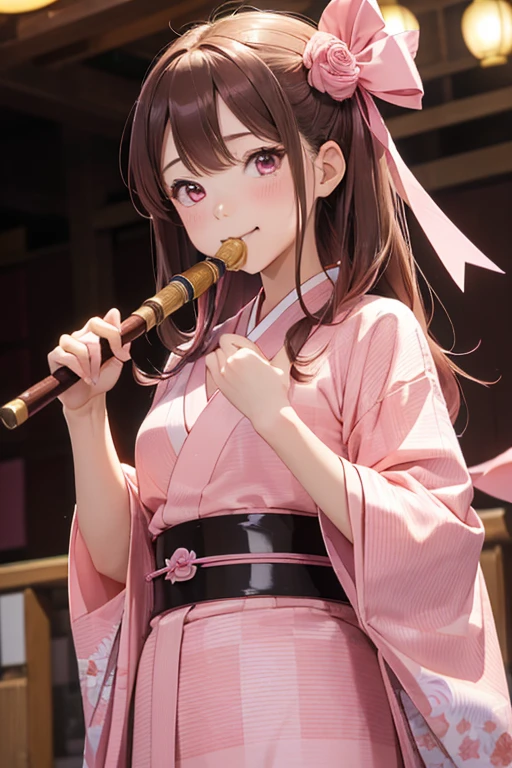 Masterpiece, best quality, high resolution, venus1,1girl, solo, Tsuko Kamato, bamboo, brown hair, (((pink ribbon)) checkered belt, gag, gag, gradient hair, haori, japanese clothes, kimono, long hair, looking at the audience, pink eyes, pink kimono, pink ribbon, solo,