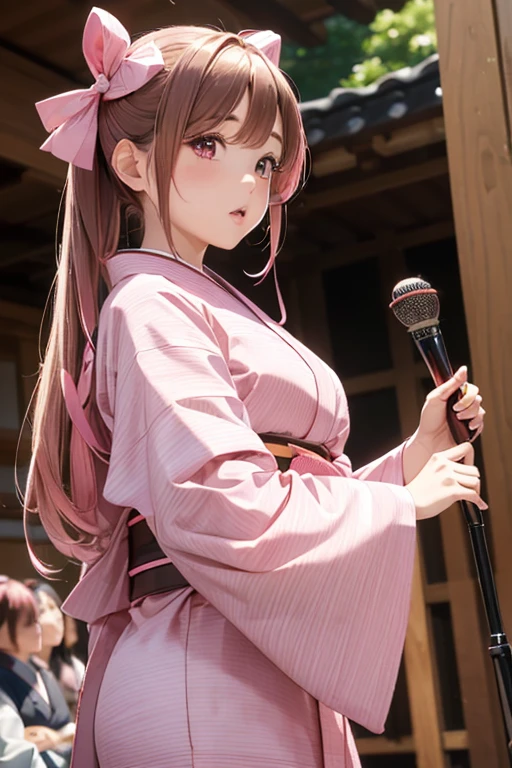 Masterpiece, best quality, high resolution, venus1,1girl, solo, Tsuko Kamato, bamboo, brown hair, (((pink ribbon)) checkered belt, gag, gag, gradient hair, haori, japanese clothes, kimono, long hair, looking at the audience, pink eyes, pink kimono, pink ribbon, solo,