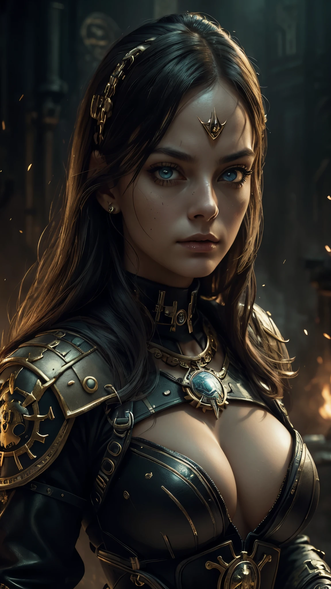 (masterpiece), best quality, expressive eyes, perfect face, detailed eyes, dark fantasy, Margot, dystopian world, dystopian warrior, cleavage, black and gold outfit, massive snoopy breast, badass woman, sensual , closeup portrait,
