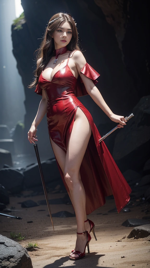Woman in red silver dress, sexy, sexy outfit, ((Sexy Walk)), Immersive art station, ศิลปะFantasyที่มีรายละเอียด, Amazing character art, Excellent and neat character art, ((magic weapon)), beautiful armor, very detailed, red silver armor girl, Exquisite headdresses and ornaments, (best quality, 10, Masterpiece :1.3), (realistic, ภาพrealistic: 1.37), (1 girl), (Beautiful women between the ages of 18-20), (thin), (Focus on the slender abdomen.. :1.3), (Korea), (Short pastel leather dress, Long red leather cloak, Show your arms and shoulders., white leather skirt, short leather skirt, Emphasize her legs, High groove), (รองเท้าHeel Height), (Random pose), Huge breasts, exposed cleavage, ((dark brown hair, long hair)), exquisite face, Open the show, Fantasy, Slender figure, Very smooth face, Good eyes, Double eyelids, (long hair, Random hairstyles), (big girl :1.3), (outdoor), (Extraordinarily detailed face), (Detailed eyes), (Double eyelids), (Eyeshadow makes eyelashes look thicker.......), obscure, (Long legs, Heel Height), (((Whole body))), (professional lighting), (Photon mapping), (Radiation), silver red armor girl, ((magic beam)), magic, (Look directly at the audience.....), background, (cliff, mountain, cave mouth, stone, Dungeon, Slime, monster)