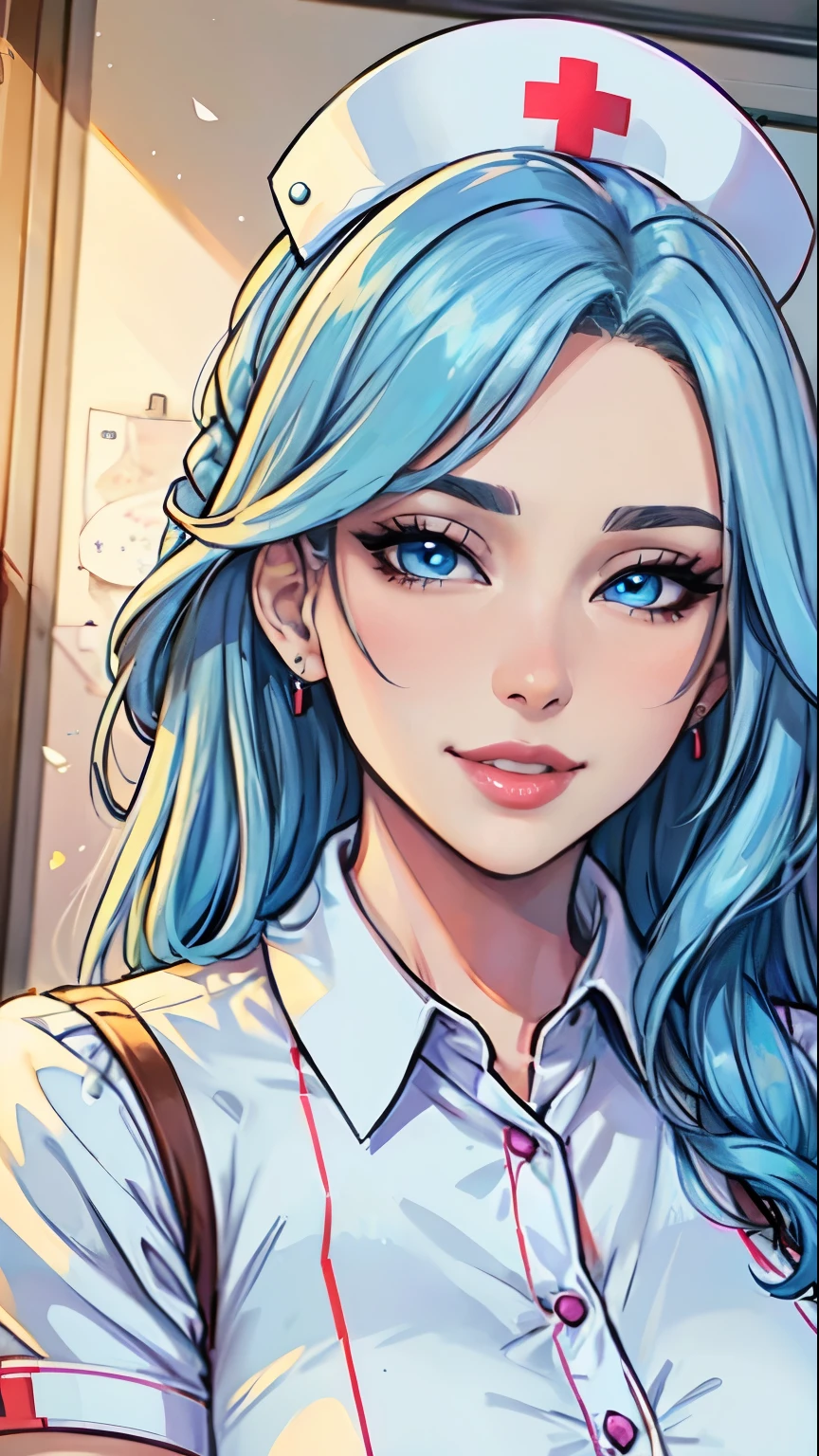 Masterpiece, raw, beautiful art, professional artist, 8k, art style by sciamano240, very detailed face, very detailed hair, 1 mature woman, perfectly drawn body, beautiful face, long hair, light blue hair , very detailed blue eyes, pouty lips , rosey cheeks, intricate details in eyes, playful smile, looking directly at viewer , in love with viewer expression, wedding ring , lipstick, very close up on face, sunny day, hospital room, wearing nurse uniform, legware,