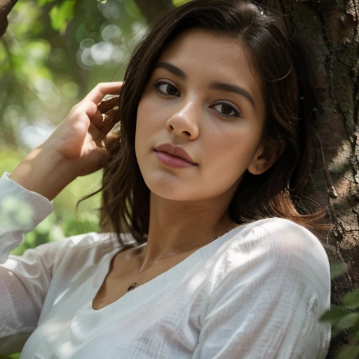best quality, 4k, highres, masterpiece, ultra-detailed, realistic, girl in shirt lying on his back in the tree roots, beauty, minimalist, decorative full flowing intricate fine detail, elegant, sharp focus, illuminated, highly detailed, cinematic, still, professional, thought, iconic, stunning, sublime, light, crisp, clear, pristine, extremely aesthetic, gorgeous, romantic, shiny,