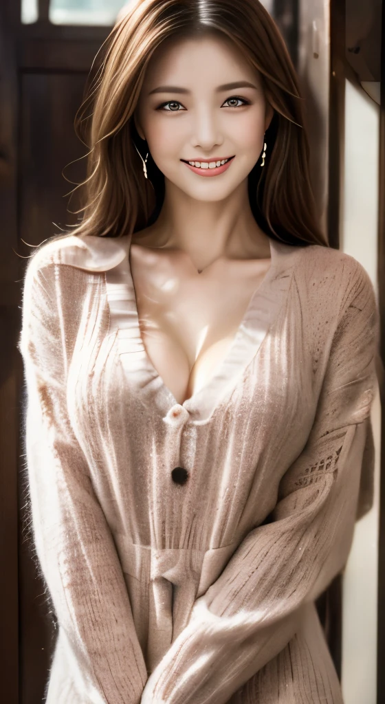 ((highest quality、8K、masterpiece:1.3)), Upper body, long legs, sharp focus:1.2, beautiful woman with perfect figure:1.4, thin abs:1.1, The background is the living room, ((shortcut、burst chest:1.2)), (Wearing a sweater dress, huge breasts, The cleavage is fascinating, Thin and toned hips, big soft butt, look at the viewer with laughter:1.2), Highly detailed face and skin texture, detailed eye, double eyelid, 25 year old woman, mature woman, smiling face