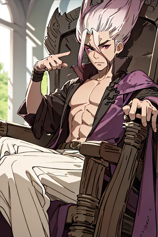 A pink haired handsome male reaper with violet eyes is sitting on a throne of bones