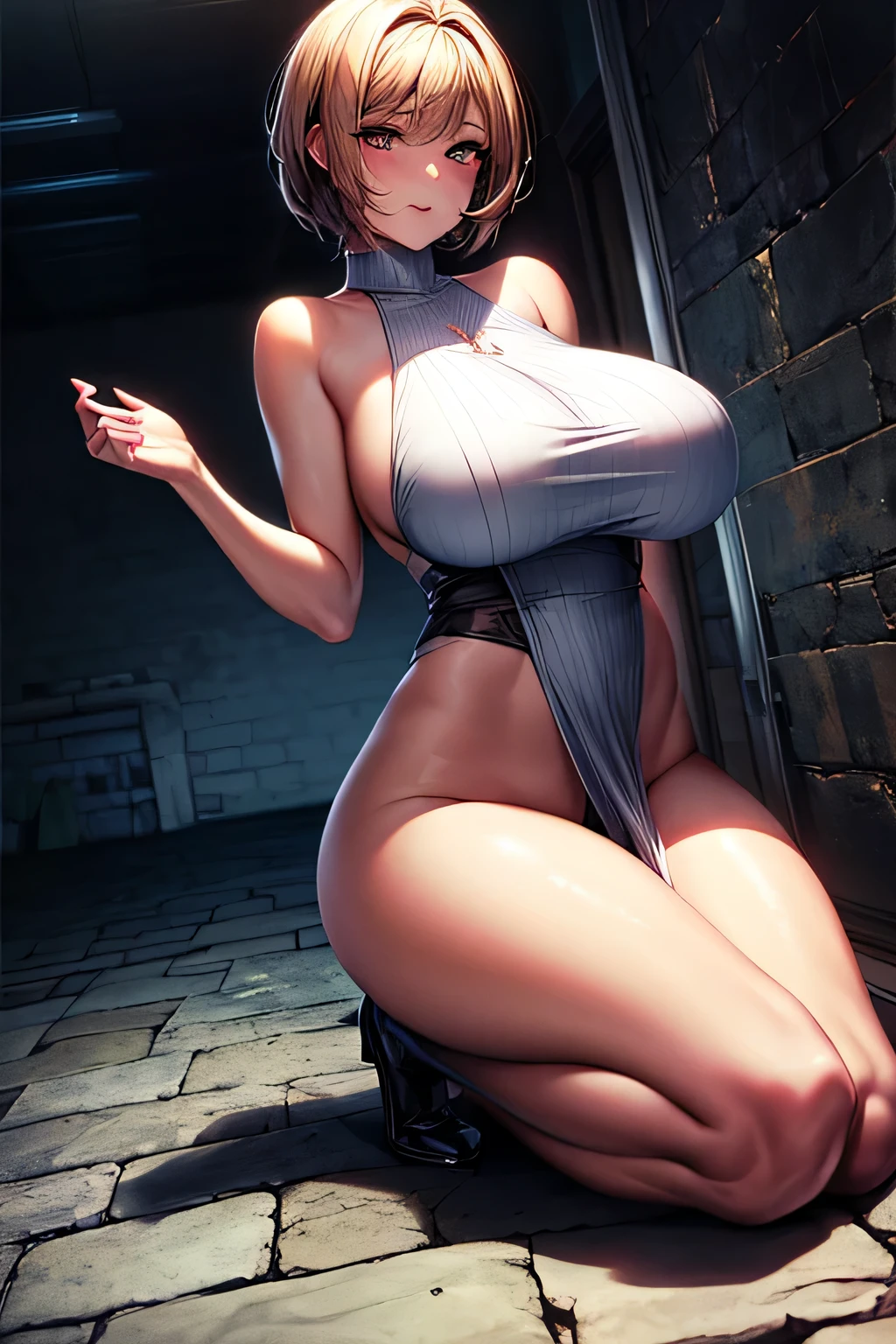 セクシーな女性の bsdm がひざまずいて罪のない女の頭を保持します、1woman, solo, short hair, huge breasts, huge ass, ((open crotch)), ((kneel down)),((show underarms)),((background: dark basement)),(masterpiece), (highest quality), (Super detailed), (Detailed CG illustration), ((very delicate and beautiful)),cinematic light