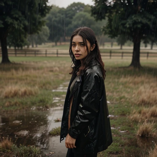 a young woman under (rain:1. 5)  on knee in the (wet high grass:1. 5), (wet face:1. 5), rainy drops, infinite solitude, dusty atmosphere, loneliness, ray tracing, elegant, intricate, very inspirational, stunning, highly detailed, complex, sharp focus, great composition, cinematic, modern fine classic, volumetric lighting,