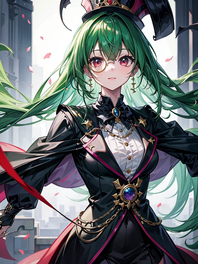 （（（masterpiece、Highest image quality、highest quality、highly detailed unity 8ｋwallpaper）））、（（Illustration of one girl、upper body））、（（（beautiful girl）））、（librarian）、（Emerald green hair、sidelocks：1.2、red eyes、crazy smile）、（（（flat chest）））、monocle、pocket watch、（（（Black top hat、tuxedo）））、grand library、archive