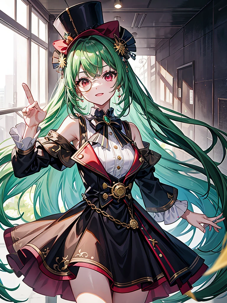 （（（masterpiece、Highest image quality、highest quality、highly detailed unity 8ｋwallpaper）））、（（Illustration of one girl、upper body））、（（（beautiful girl）））、（librarian）、（Emerald green hair、sidelocks：1.2、red eyes、crazy smile）、（（（flat chest）））、monocle、pocket watch、（（（Black top hat、tuxedo）））、grand library、archive