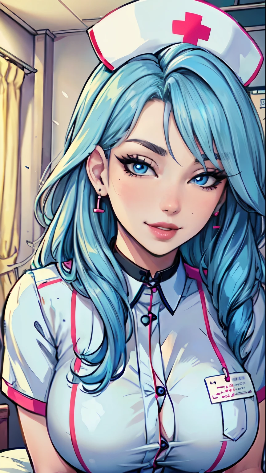 Masterpiece, raw, beautiful art, professional artist, 8k, art style by sciamano240, very detailed face, very detailed hair, 1 mature woman, perfectly drawn body, beautiful face, long hair, light blue hair , very detailed blue eyes, pouty lips , rosey cheeks, intricate details in eyes, playful smile, looking directly at viewer , in love with viewer expression, wedding ring , lipstick, very close up on face, sunny day, hospital room, wearing nurse uniform, legware,