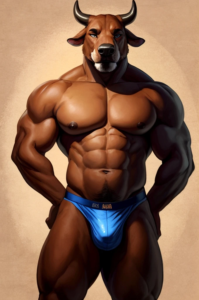 a furry male anthro Bull standing with his hands behind his back. He is wearing underwear and is depicted in a simple background. The artwork should be in a front view perspective. The image should be of the best quality, with ultra-detailed features and a realistic, photorealistic style. The colors should be vivid and the lighting should create a professional and visually appealing effect. The inspiration for this artwork comes from artists such as bebebebebe,buta99,inu-sama.