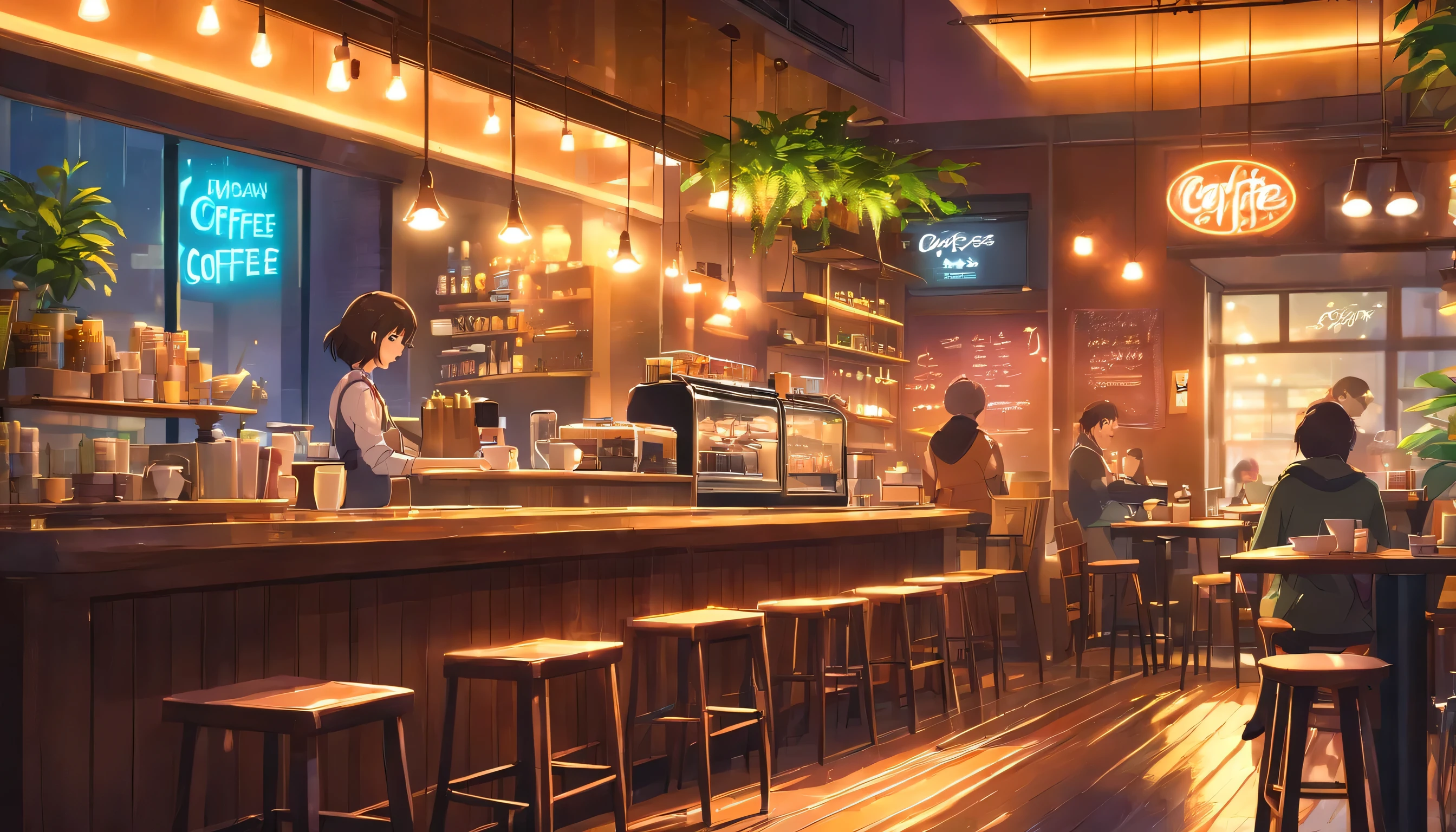 (neon-lit night scene),(low-fi coffee shop),(vibrant colors),(detailed coffee cup),(reflections on the table), (nostalgic vibes), (artistic painting style),(cozy atmosphere), (realistic textures), (coffee aroma in the air), (people chatting and laughing), (street view), (soft shadows), (dark alleyway), (city lights), (rainy weather), (raindrops on the windowpane), (blurred background), (decorative interior design), (aesthetic vibe), (indoor plants), (glowing neon sign), (barista preparing coffee), (smoke from the coffee machine), (an artistic slow-paced moment), (customers enjoying their drinks), (latte art), (music playing in the background), (steaming hot coffee),(floral patterned plates), (warm color tones), (cozy seating arrangement), (rustic wooden tables), (intimate ambiance), (bokeh lights), (candid moments captured), (artistic lighting effects), (dreamy atmosphere), (stylish bar counter), (traces of coffee spills), (artwork on the walls).