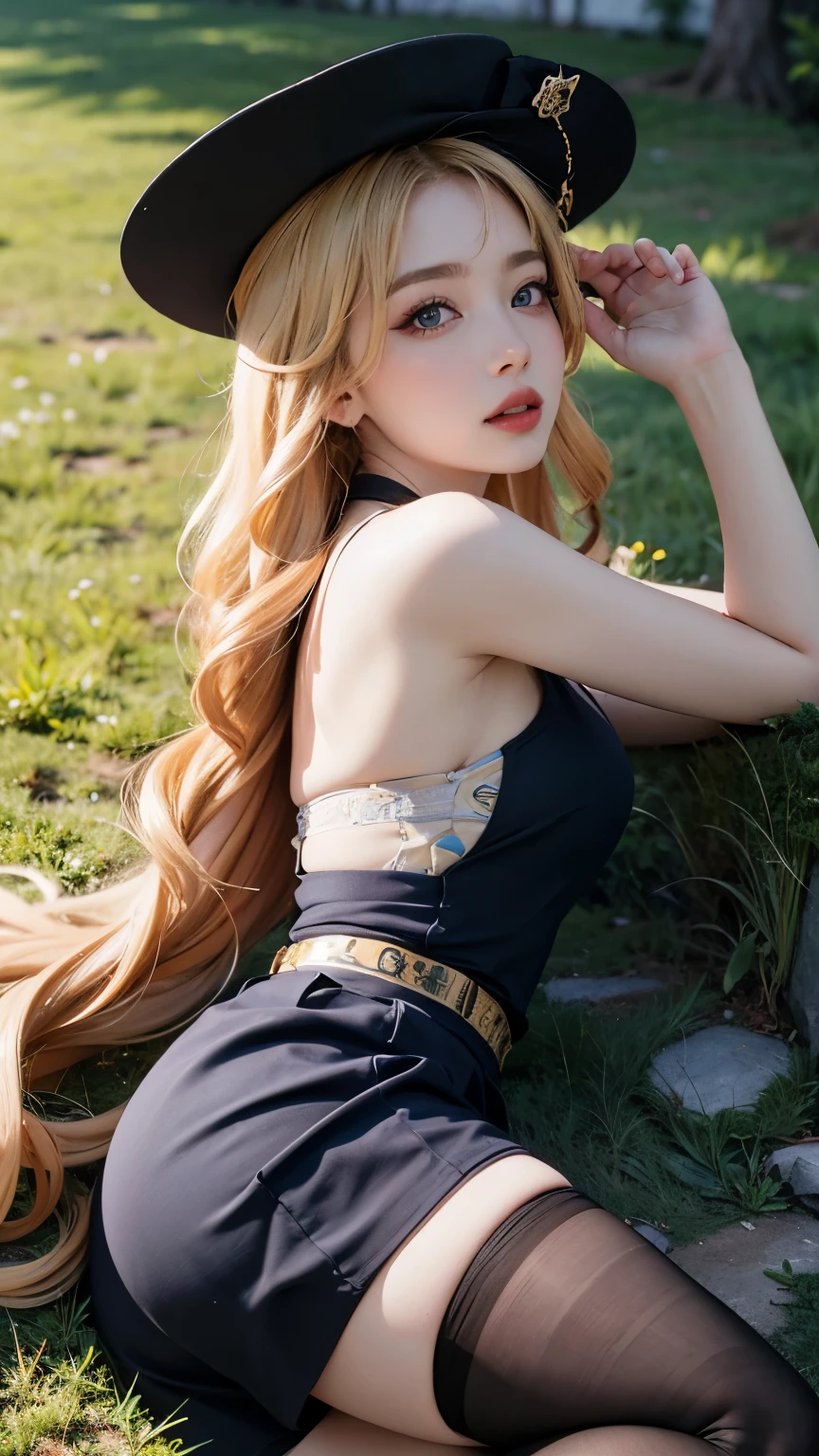 Realism，high resolution，soft light，1womanl，solo，Buttocks up，View viewers，（Detailed face），long hair，blond，curls，blue eyes，hat，lying on the grass，view from below，show，See，secretary，black skirt，pantyhose，tattoo, jewelry