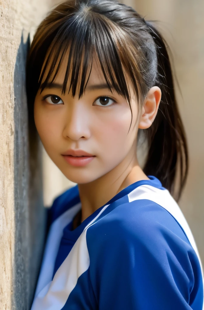 Photoreal、In 8K、RAW photo、masterpiece, highest quality, ultra high resolution, colorful, flat color 1 girl, Volleyball girls in the volleyball club、sweaty cheeks, fine texture、 fine texture of fabric、beautiful detailed face, adult atmosphere, exposed, blurred background, bangs、Sit leaning against the wall、rim light、realistic skin wrinkles
