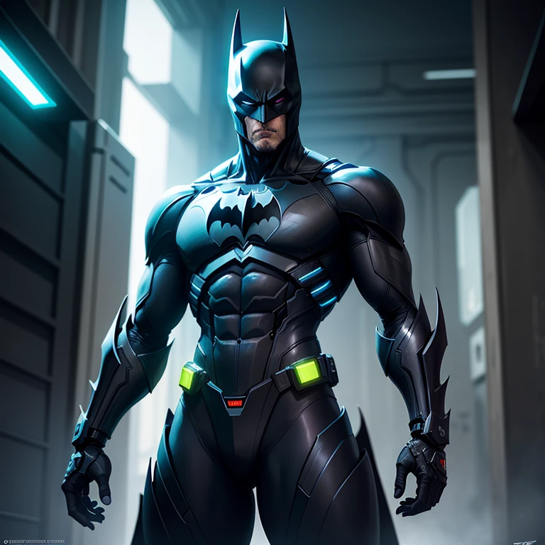 "A mysterious figure emerges, clad in the iconic Cybernetic Batman suit. In this hyper-realistic rendering, the Dark Knight exudes an imposing cyberpunk aura. The sleek armor's intricate details gleam under cinematic lighting, creating a stunning masterpiece featuring the highest quality.
The Batman's mask, combining advanced cybernetic enhancements with a menacing bat symbol, catches the eye. Its eyes glow ominously in the neon-lit environment, contrasting the cool shades of cyan dominating the scene.
This cybernetic marvel is not just an incredible guardian, but a mechanical presence that emanates both awe and