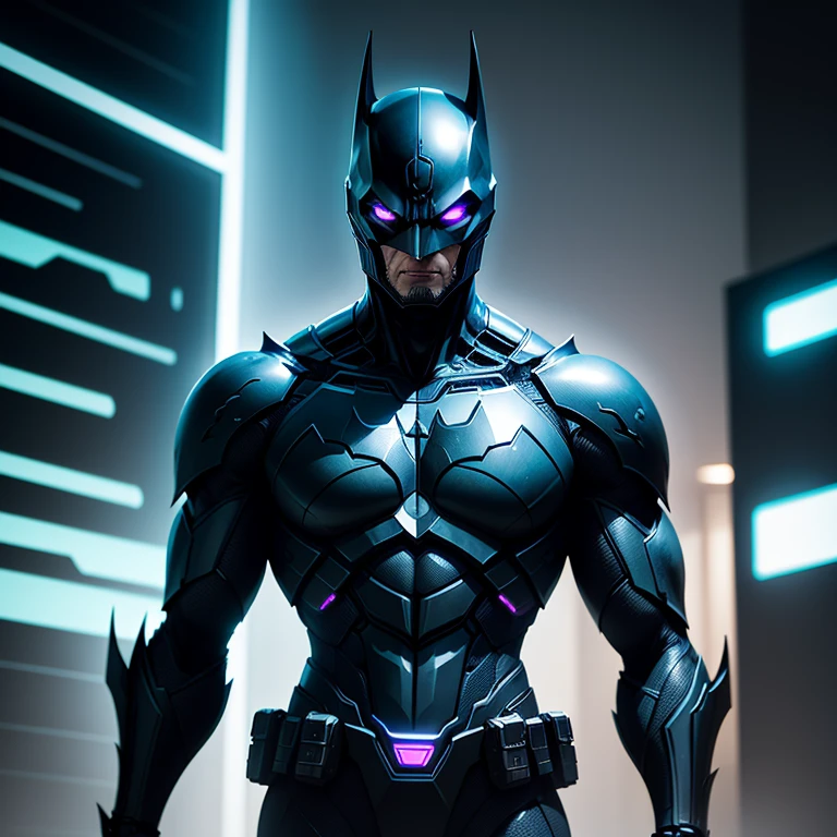 "A mysterious figure emerges, clad in the iconic Cybernetic Batman suit. In this hyper-realistic rendering, the Dark Knight exudes an imposing cyberpunk aura. The sleek armor's intricate details gleam under cinematic lighting, creating a stunning masterpiece featuring the highest quality.
The Batman's mask, combining advanced cybernetic enhancements with a menacing bat symbol, catches the eye. Its eyes glow ominously in the neon-lit environment, contrasting the cool shades of cyan dominating the scene.
This cybernetic marvel is not just an incredible guardian, but a mechanical presence that emanates both awe and
