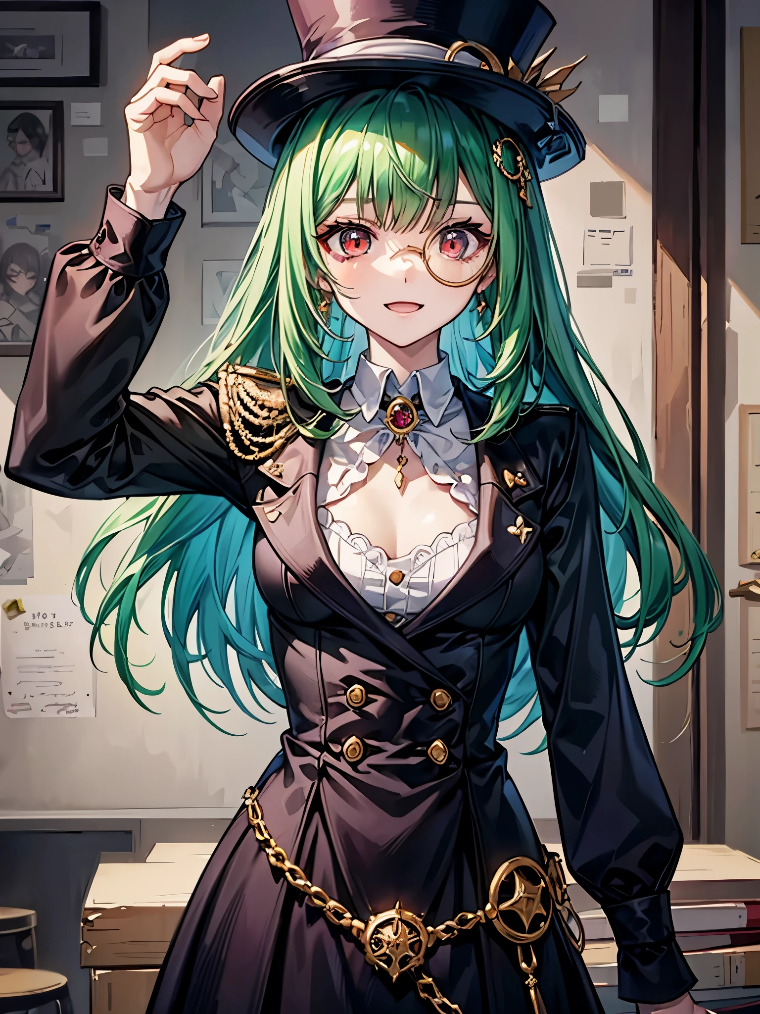 (((masterpiece、Highest image quality、highest quality、highly detailed unity 8kwallpaper)))、((Illustration of one girl、upper body))、(((beautiful girl)))、(librarian)、(Emerald green hair、sidelocks:1.2、red eyes、crazy smile)、(((flat chest)))、monocle、pocket watch、(((Black top hat、tuxedo)))、grand library