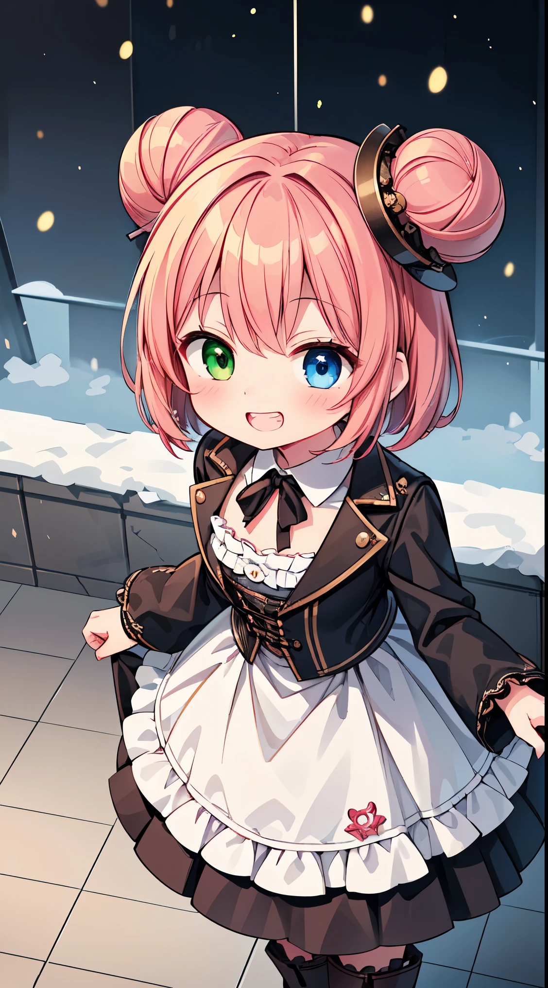 (8k, best quality, masterpiece:1.2),(best quality:1.0), (ultra highres:1.0), watercolor,
BREAK, 1 beautiful girl, (kawaii:1.5), (Chibi: 0.8), (kawaii: 1.5), (Lori: 0.5), (17 years old girl), BREAK(Red hair, short-hair,Two buns hair:1.4),(:D,grin:1.3),( Heterochromia,The blue eyes,The green eyes, Eye Highlights,The first hyperfine stars:1.45), star the eye silhouette thick eyelashes, naked boobs double eyelids:1.2),(de pele branca), (The best smile,:D:1.45),
BREAK, train,station,(a girl), platform, snow, BREAK, (steampunk-inspired motif:1.33), smoky lace, brown corset, (closed collar long-sleeved blouse:1.2) heavy coat with black frills, a volumey pannier under a (long skirt:1.3), lace ruffle socks, top hat, goggles, lace-up boots, leather glove, steampunk-items,
BREAK,wakame,wakame,wakame,(Cowboy Shot,from above:1.4),
BREAK,(Blurry background:1.3),(absurderes, hight resolution, Super Detail Art),cel shading,Clear Color, Lonely optical effect, Beautiful pictures, Bright glow, mystic atmosphere,(Close-up of girl:1.1), Mystical light particle effect,manga influence, clean line drawings,