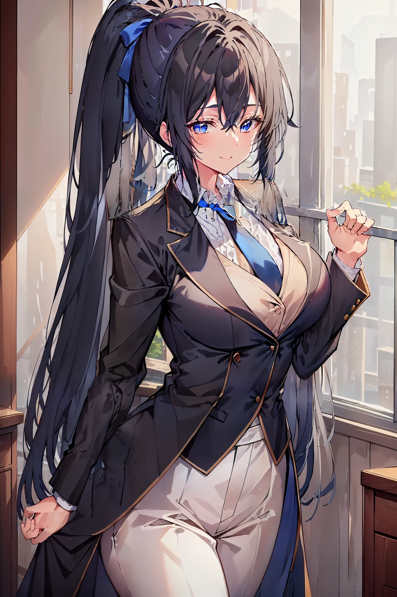 1girl((best quality)), ((masterpiece)), (detailed) 1girl 1girl, ;\), blurry, blurry_background, breasts, , hair_ponytail ribbon, looking_at_viewer, ok_sign, one_eye_closed, open_hand, Yukinoshita Yukino ,Woman wearing formal clothes, An attractive coat stands in a large gap in the room , 1girl, 独奏, blue necktie, Black hair, eyes blue, long hair, smile , collared shirt, white pants, white shirt , Elegantly designed coat , Stand in front of a window ,Perfectly tailored tailcoat. It has a stunning Victorian design and is made of lustrous fabric
