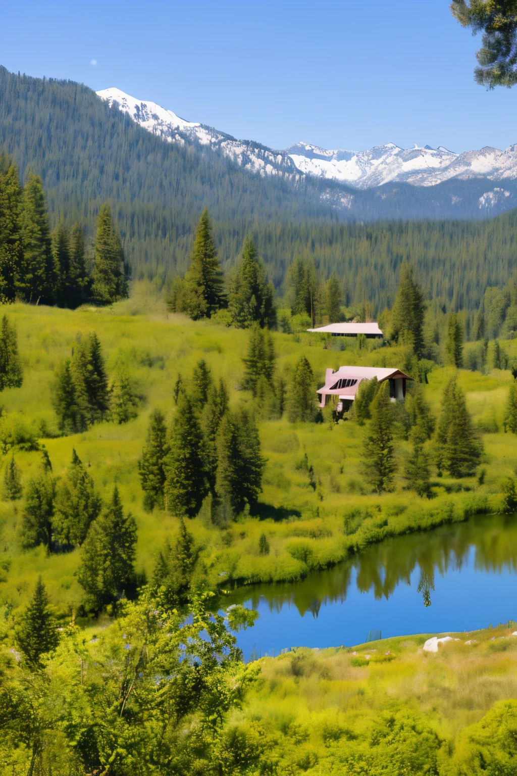 (exterior view,Cozy Cottage,Eoods,near Lake Tahoe Shore),(best quality,4k,8k,highres,masterpiece:1.2),ultra-detailed,(realistic,photorealistic,photo-realistic:1.37),landscape,vivid colors,warm tones,natural lighting,panoramic view,serene atmosphere,lush greenery,tranquil lake,peaceful surroundings,picturesque scenery,golden sunlight,reflection on water,crisp clear air,subtle breeze,cozy and inviting atmosphere,wooden cottage,Northern Californian charm,windows adorned with flower boxes,well-maintained garden,lakeside setting,winding pathway leading to the cottage,rocking chairs on the porch,idyllic escape,escape from the city,relaxation and rejuvenation,escape to nature,majestic mountains in the background,tall pine trees,sound of birds chirping,colorful wildflowers,hiking trails,adventure awaits,fresh morning dew on the grass,clean and fresh air,peace and tranquility. View from interior and exterior.