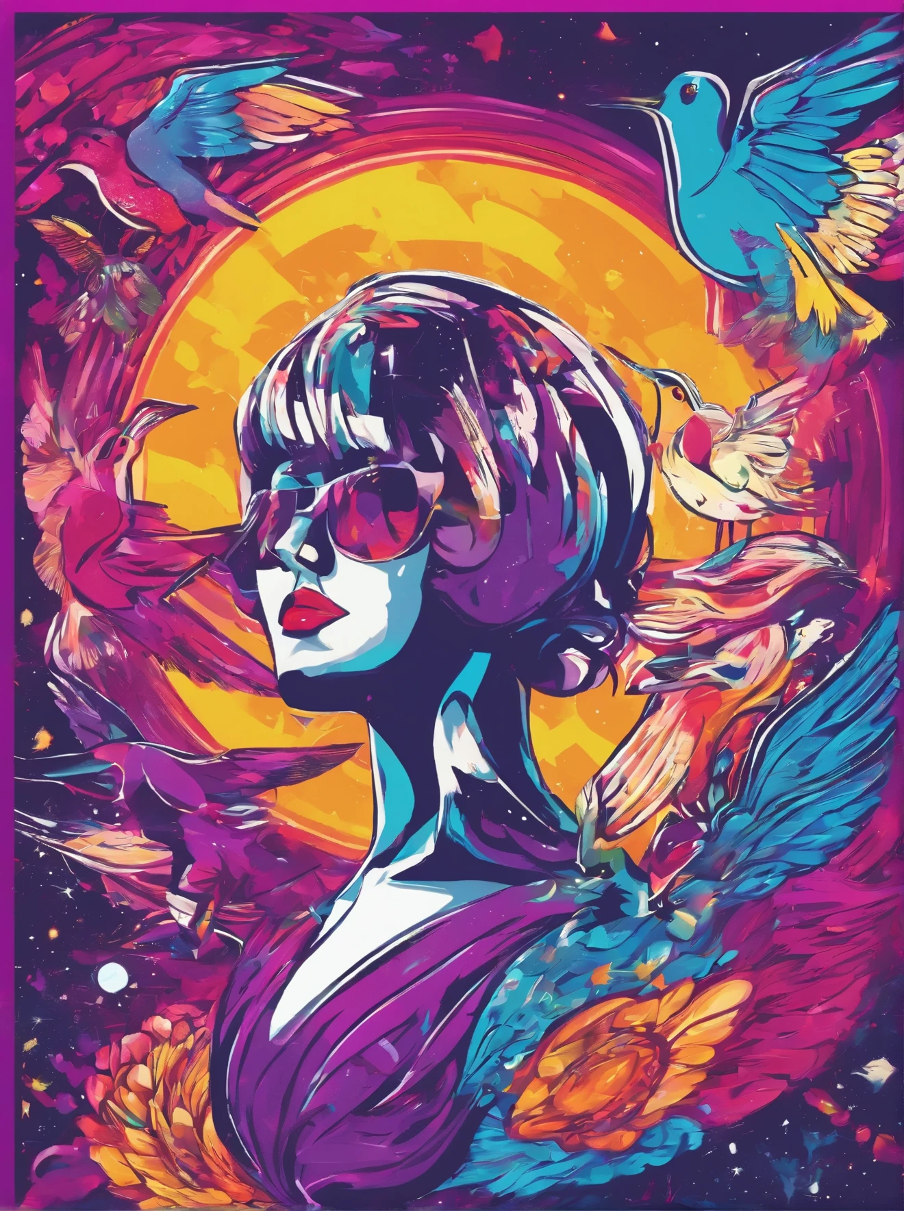best quality, highres, ultra-detailed, realistic:1.37), woman, vivid purple hues, vivid blue hues, professional lighting, shiny reflections, glossy finish, pop art style, minimalistic design, Galactic birds, universe, saturn, birds, hummingbirds, colorfull, a lot of birds