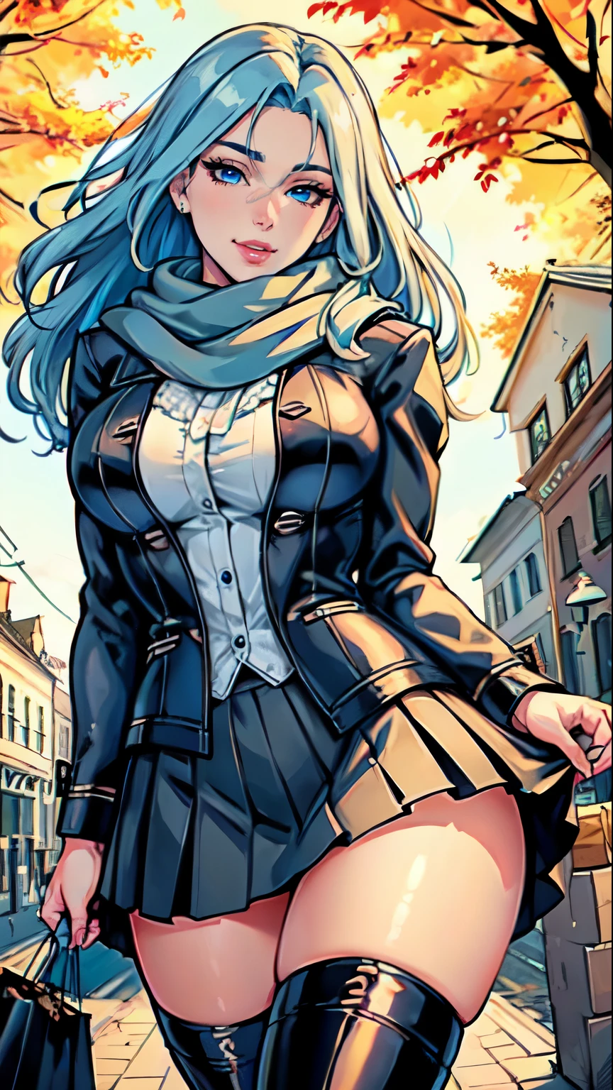 Masterpiece, raw, beautiful art, professional artist, 8k, art style by sciamano240, very detailed face, very detailed hair, 1 mature woman, perfectly drawn body, beautiful face, long hair, light blue hair , very detailed blue eyes, pouty lips , rosey cheeks, intricate details in eyes, playful smile, looking directly at viewer , in love with viewer expression, wedding ring , lipstick, very close up on face, sunny fall day, out shopping, wearing cute fall clothes, leather coat, scarf, skirt, thigh boots,