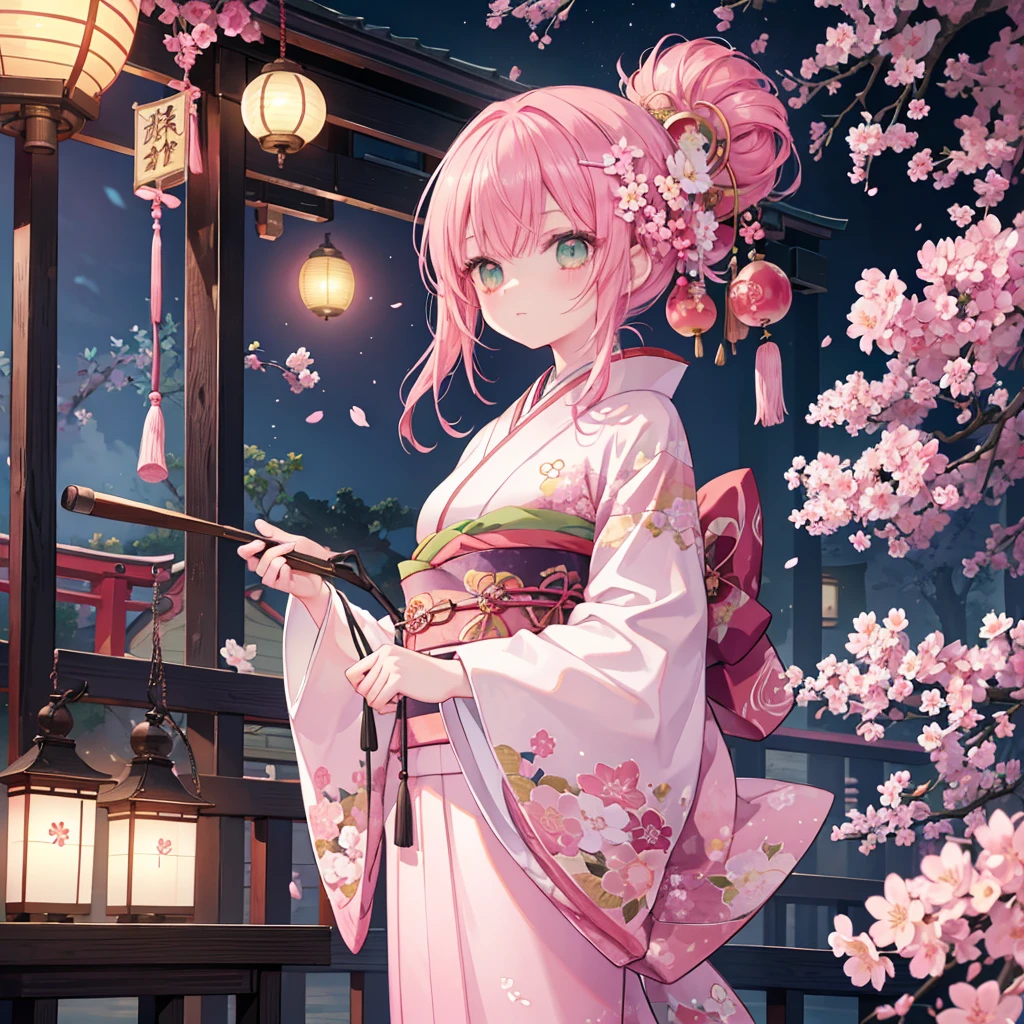 masterpiece, best quality ,detailed illustrations, cinematic, dramatic lighting, raytracing, pink hair, shining eyes, green eyes, pink kimono, kimono, old Japanese background, bright lanterns, blossom, sakura trees, Japan, Japanese headband, hair clips, wind chimes,