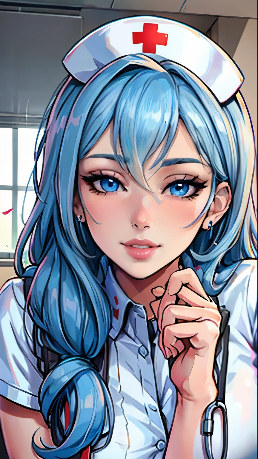 Masterpiece, raw,  beautiful art, professional artist, 8k, art style by sciamano240, very detailed face, very detailed hair, 2girls, perfectly drawn body, beautiful face, long hair, light blue hair , very detailed blue eyes, pouty lips , rosey cheeks, intricate details in eyes, playful smile, looking directly at viewer , in love with viewer expression, wedding ring , lipstick, very close up on face, sunny day, hospital room, wearing nurse uniform, legware,