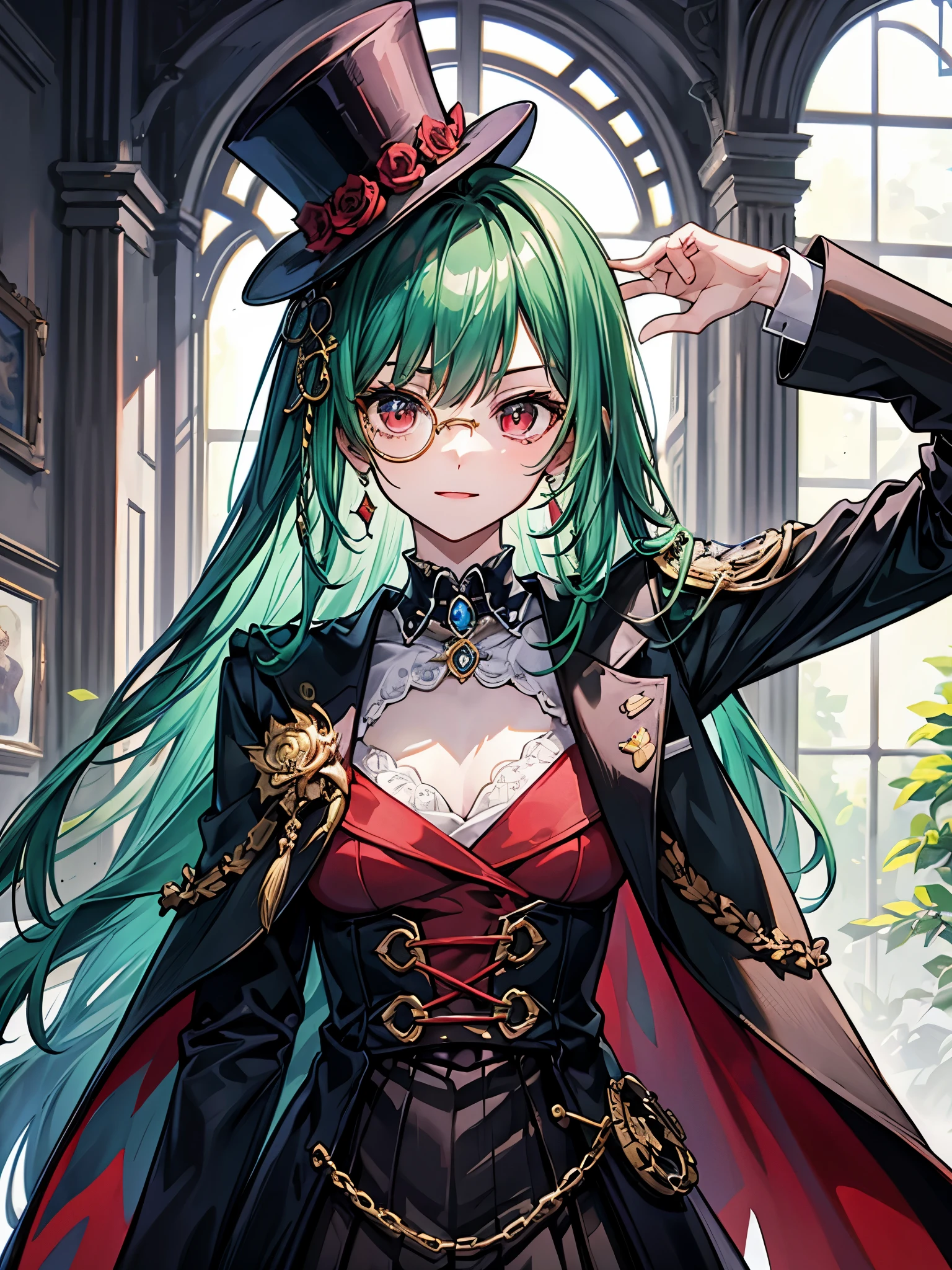 （（（masterpiece、Highest image quality、highest quality、highly detailed unity 8ｋwallpaper）））、（（Illustration of one girl、upper body））、（（（beautiful girl）））、（librarian）、（Emerald green hair、sidelocks：1.2、red eyes、crazy smile）、（（（flat chest）））、monocle、pocket watch、（（（Black top hat、tuxedo）））、grand library