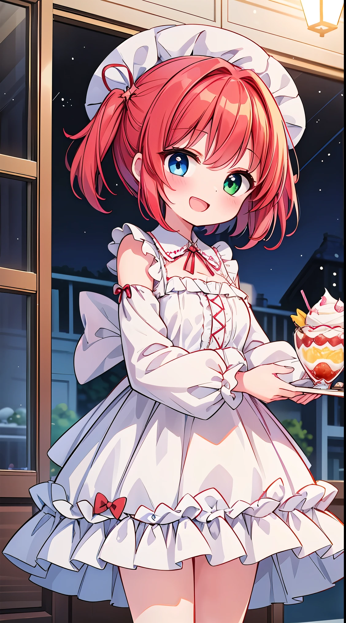 (8k, best quality, masterpiece:1.2),(best quality:1.0), (ultra highres:1.0), watercolor,
BREAK, 1 beautiful girl, (kawaii:1.5), (Chibi: 0.8), (kawaii: 1.5), (Lori: 0.5), (17 years old girl), BREAK(Red hair, short-hair,Two buns hair:1.4),(:D,grin:1.3),( Heterochromia,The blue eyes,The green eyes, Eye Highlights,The first hyperfine stars:1.45), star the eye silhouette thick eyelashes, naked boobs double eyelids:1.2),(de pele branca), (The best smile,:D:1.45),
BREAK, train,station,(a girl), platform, snow, BREAK, (dessert motif inspired:1.2), white lace, (closed collar long-sleeved blouse:1.2) with frilled and ribbon, a volumey pannier under a (dessert-pattern long dress:1.6) with (lots of layered frills:1.2) and ribbons, (lace ruffle socks:1.2), dessert-themed accessories, hat, platform shoes,
BREAK,wakame,wakame,wakame,(Cowboy Shot,from behind1.4),
BREAK,(Blurry background:1.3),(absurderes, hight resolution, Super Detail Art),cel shading,Clear Color, Lonely optical effect, Beautiful pictures, Bright glow, mystic atmosphere,(Close-up of girl:1.1), Mystical light particle effect,manga influence, clean line drawings,