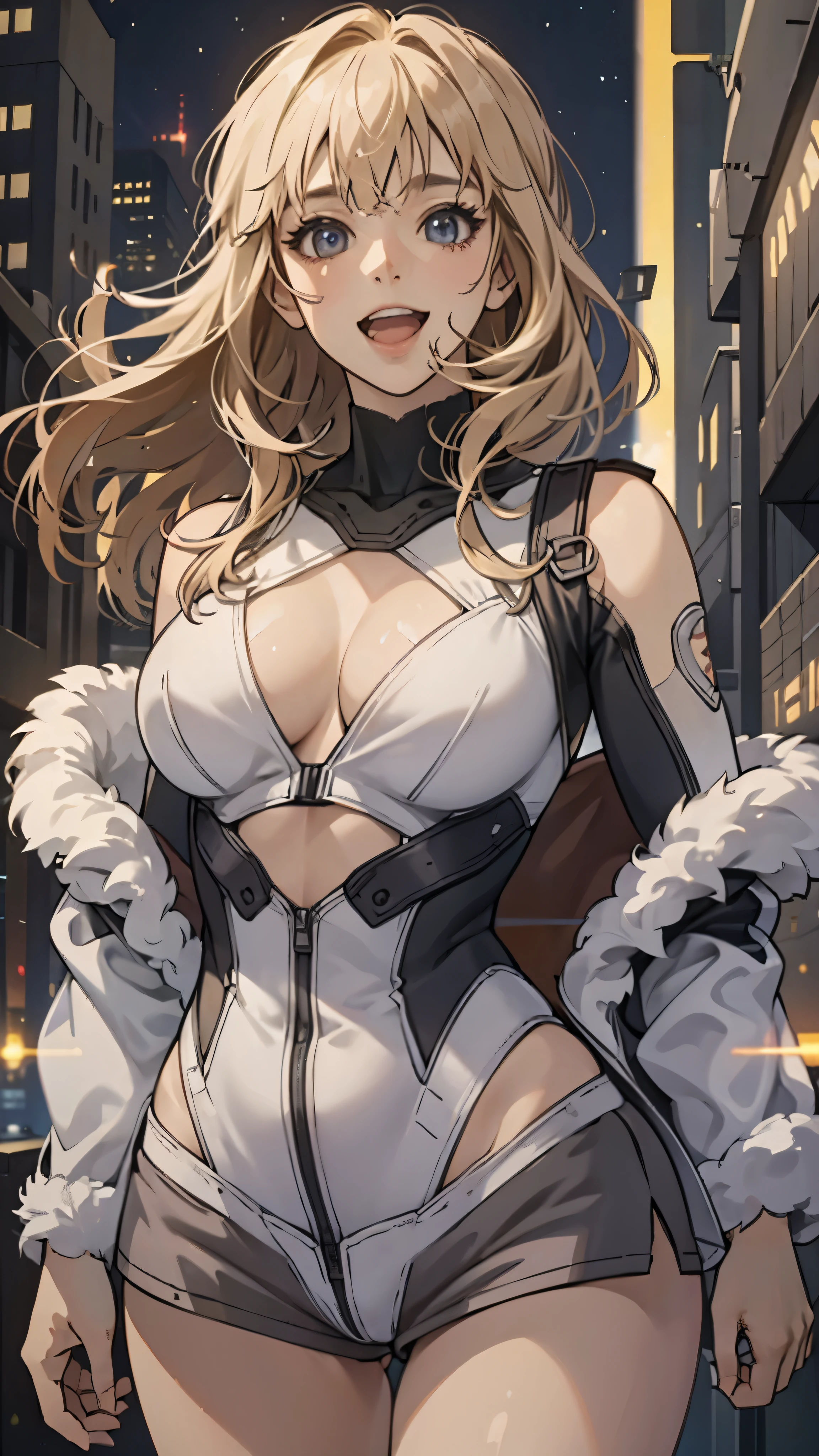 woman,20-year-old,,city,night,((white tight miniskirt bodysuit)),(Harada Makoto),open mouth smile,(((See-through))),((blonde)),long hair