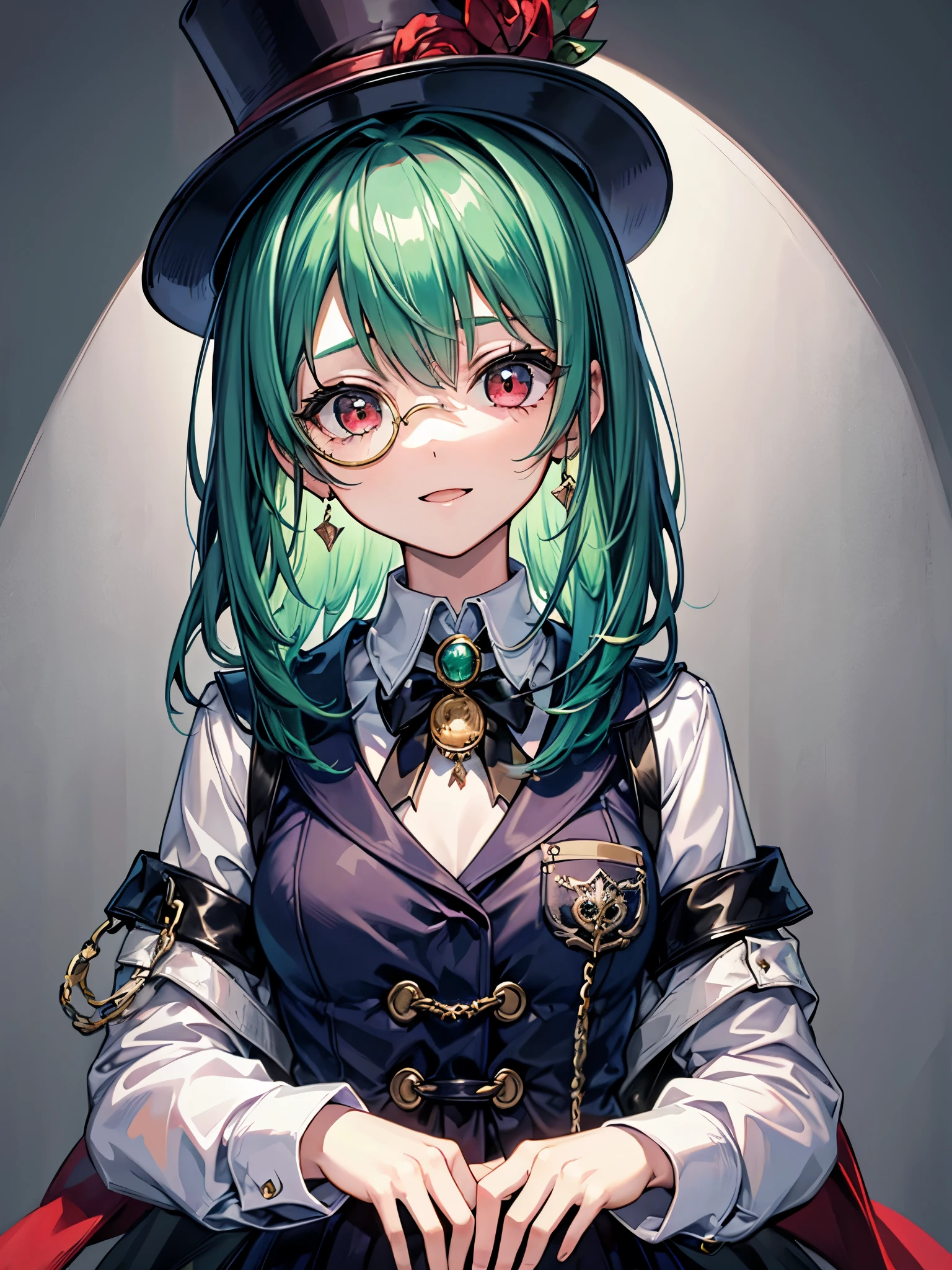 （（（masterpiece、Highest image quality、highest quality、highly detailed unity 8ｋwallpaper）））、（（Illustration of one girl、upper body））、（（（beautiful girl）））、（librarian）、（Emerald green hair、sidelocks：1.2、red eyes、crazy smile）、（（（flat chest）））、monocle、pocket watch、（（（Black top hat、tuxedo）））、grand library、archive