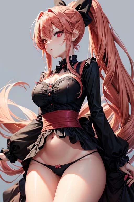 Create an anime woman with long peach colored hair done up in a ponytail with a large black bow. She has mischievous red eyes with makeup. She wears a sexy outfit with panties visible. 1girl