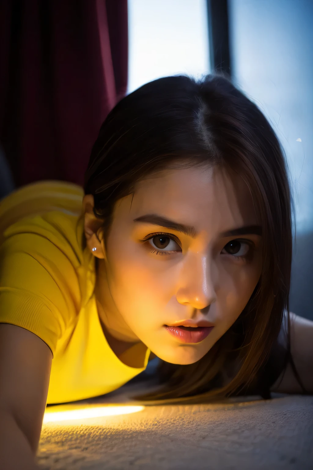 (8K, RAW photo, highest quality, High resolution:1.1), (hyperrealistic:1.4),(realistic, photorealistic:1.3), soft light,realistic face,realistic body,realistic skin,disorganized,masterpiece,(cute:1.8),(leaning forward:1.8),(From above:1.2),(close:1.4),crawl on all fours,throw,( Detailed yellow loose fitting t-shirt:1.2),(Beautiful breasts:0.9),(long hair,ponytail),(big:1.2),cleavage,fine black eyes,innocent eyes,droopy eyes,Watery eye,open lips,blush,good style,cinema light,film Grain,close,look viewer,full Body,Depth of field, blurred background,Eye focus,young,85mm lens, f/ 1.4,professional lighting,portrait,photon mapping,radio city,Physically based rendering,Transparency,Day本の女の子,Day,Sunny,outdoor