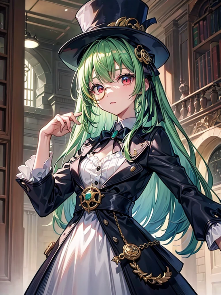 (((masterpiece、Highest image quality、highest quality、highly detailed unity 8kwallpaper)))、((Illustration of one girl、upper body))、(((beautiful girl)))、(librarian)、(Emerald green hair、sidelocks:1.2、red eyes、crazy smile)、(((flat chest)))、monocle、pocket watch、(((Black top hat、tuxedo)))、great medieval library