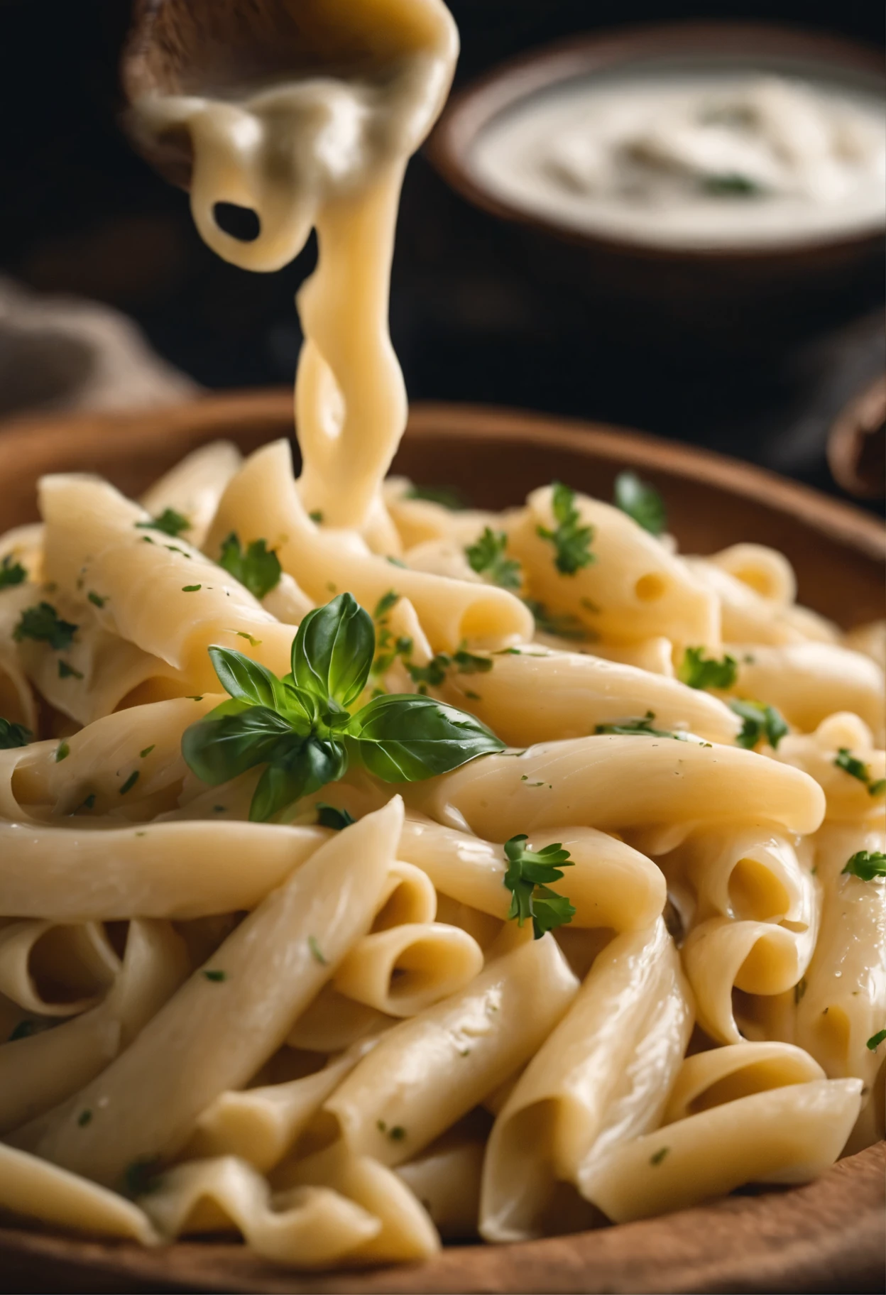 A white sauce pasta, looks delicious, looks tasty and full of flavor, 8k, high detail