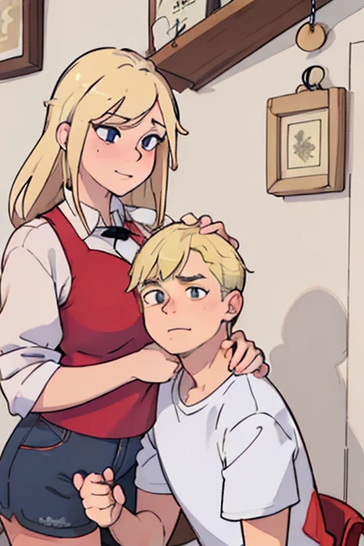 blonde woman in red top and blue shorts holding a man in a white shirt, gentle femdom, huge chin, huge!!!, tight around neck, blond, full head shot, forcing him to flee, mischievous!!, hand on his cheek, mischievous!!!, deborah, clasps his bangs in one hand, mistress, by Heather Hudson