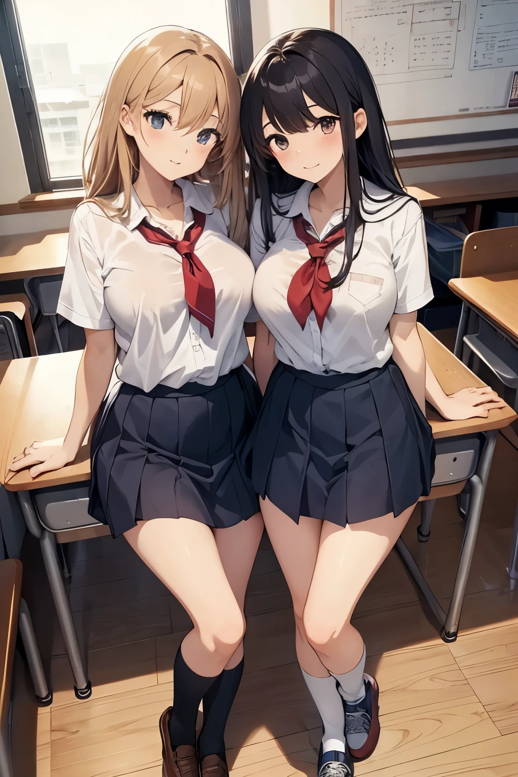 High quality, anime, full body, sincere girl and lazy girl lesbian couple, Japanese, cute, narrow between the eyes, big eyes, small nose, big breasts, slender, school uniform, classroom, skinship,