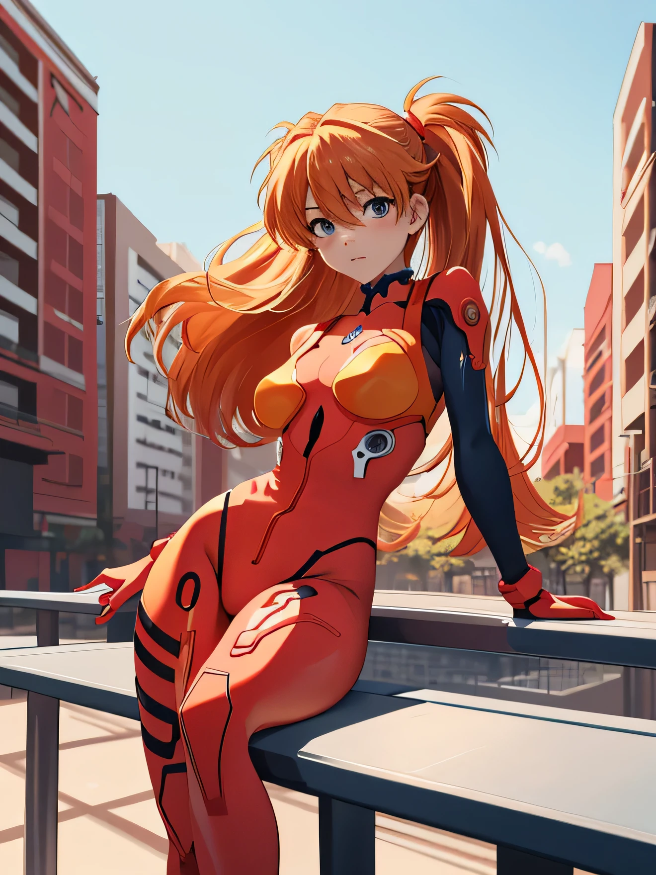 Soryu Asuka Langley, (table top, highest quality, become familiar with), 1 girl,sexy, huge breasts,  alone, arm behind head, cowboy shot, interface headset, red bodysuit, simple background.