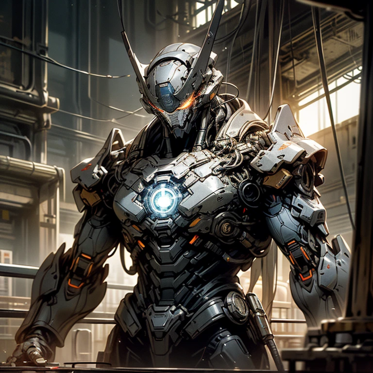 A towering figure of a cybernetic Superman emerges against a dusky twilight sky, (metallic textures:1.2), his muscular form tightly encased in a gleaming blue exoskeleton, (detailed wires:1.3), intricately woven into his very being, (intense HDR:1.3), cast in an ethereal, hyperdetailed glow, cinematic silhouette, his signature red S shield emblazoned on his chest, a beacon of hope amidst the urban vignette, centered before a futuristic cityscape, (gritty textures:1.1), remnants of smold