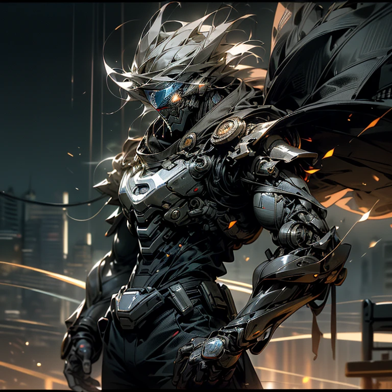 A towering figure of a cybernetic Superman emerges against a dusky twilight sky, (metallic textures:1.2), his muscular form tightly encased in a gleaming blue exoskeleton, (detailed wires:1.3), intricately woven into his very being, (intense HDR:1.3), cast in an ethereal, hyperdetailed glow, cinematic silhouette, his signature red S shield emblazoned on his chest, a beacon of hope amidst the urban vignette, centered before a futuristic cityscape, (gritty textures:1.1), remnants of smold