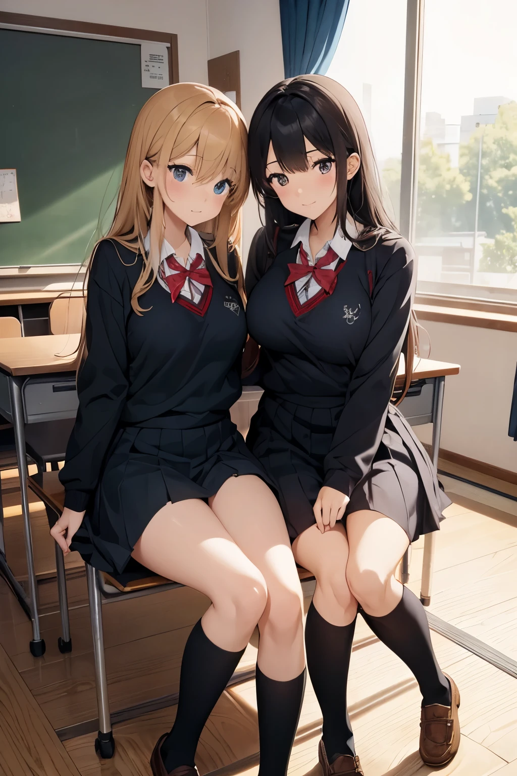 High quality, anime, full body, sincere girl and lazy girl lesbian couple, Japanese, cute, narrow between the eyes, big eyes, small nose, big breasts, slender, school uniform, classroom, skinship,