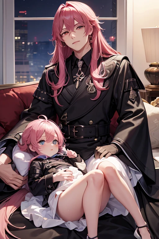 A pink haired handsome male reaper with violet eyes is holding two pink haired baby twins