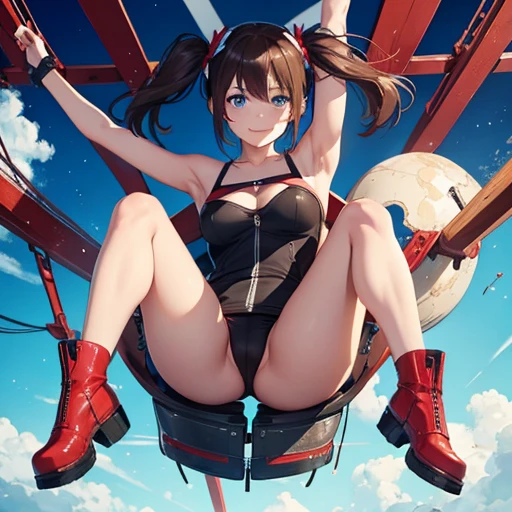 Completely naked, leaning over, Climax, get excstacy, no clothes, masterpiece, very short pigtails,brown hair, Hair tie with two big red clothespins, mature, Female robot, android, joint seam, blue eyes, full body figure, Height: 160cm, flushed cheeks, 2020s anime picture, ball joint, missionary angle, joy, A big smile, jump A beautiful robot with short brown hair in two short pigtails held up by two large red clothespins. 25 years old 2020s anime picture blue eyes Uplifting, No NSFW, whole body, spread legs, Brown short boots