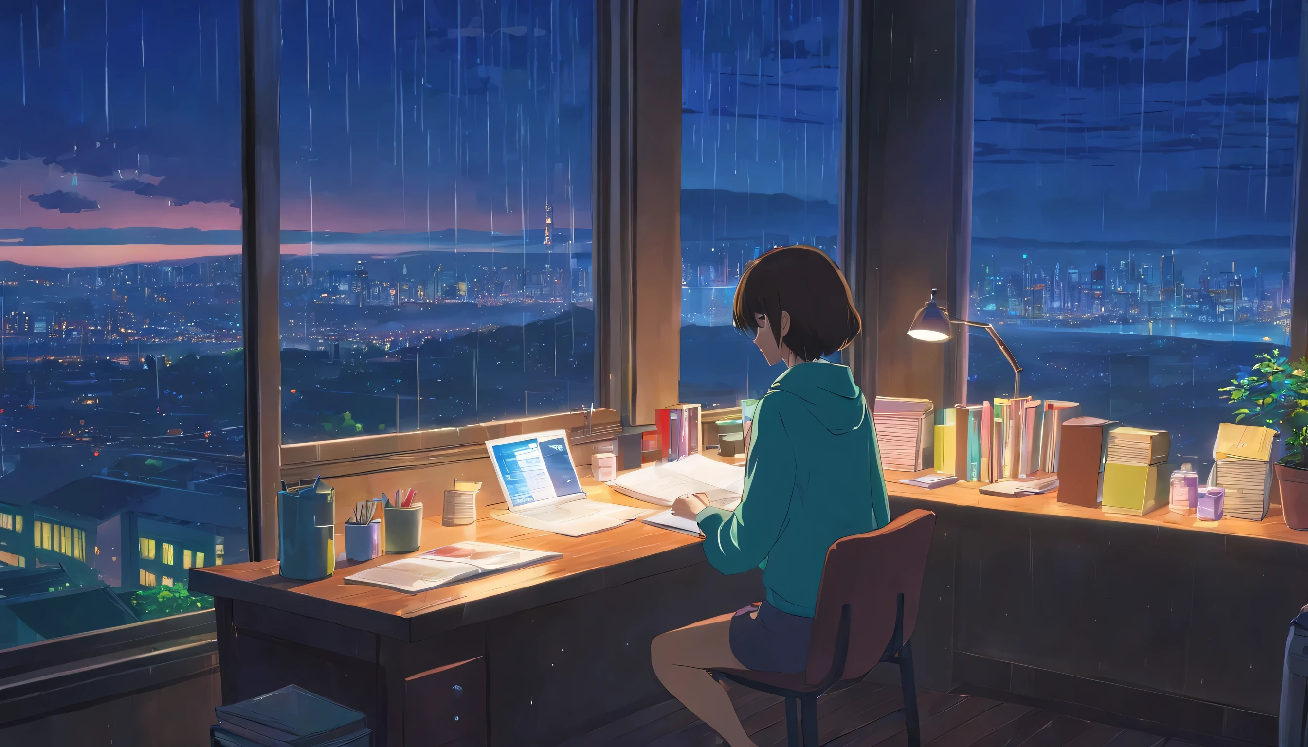 unmanned, night, rain, cozy study desk, large window overlooking beautiful city scenery, (staring at the scenery), cafe, notebooks