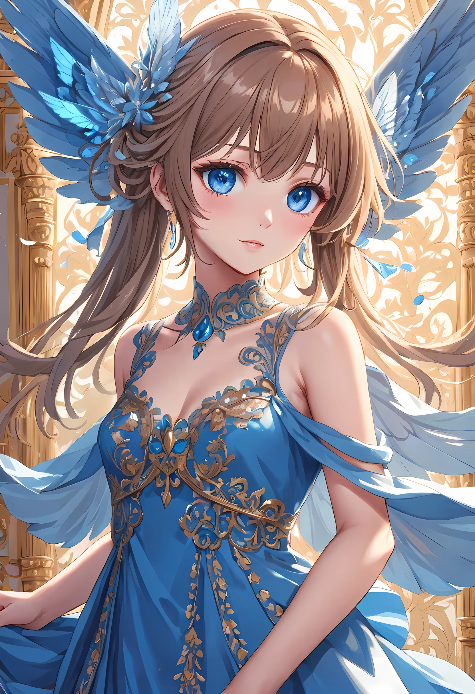(perfect face:1.3),anime girl with spreading blue wings and fluttering blue dress, (bright eyes),(divinity),detailed digital anime art, 8k high quality detailed art, anime fantasy illustration, beautiful fantasy anime, anime fantasy artwork,  (intricate ornate anime cgi style:1.2)
