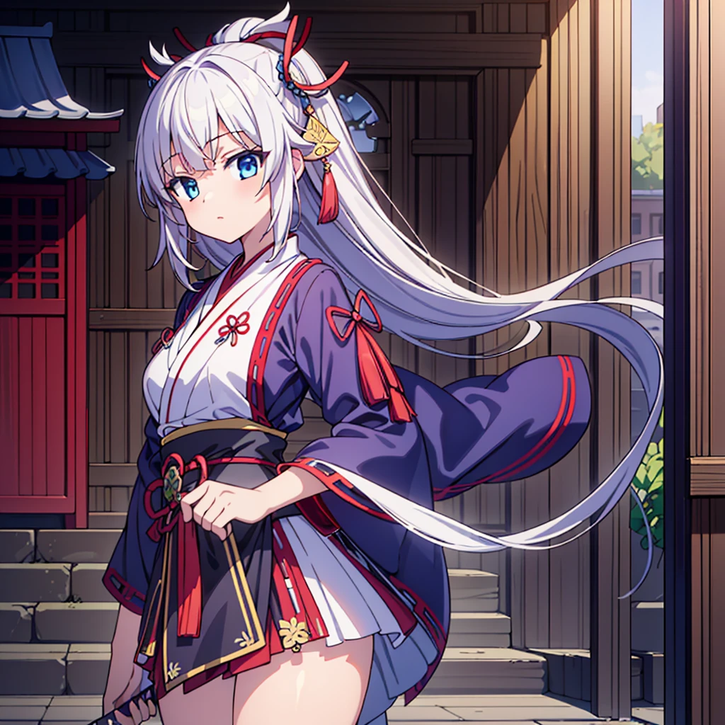 (Super detailed), (masterpiece), (best quality), (Very detailed CG unit 8k wallpaper), one girl, Katana, Miko, full-length picture, human, white long hair