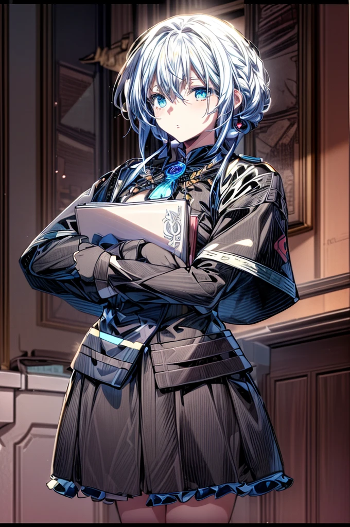 anime character with long straight white hair and blue dress holding a book, official art, from girls frontline, beatrice blue, official character art, marin kitagawa fanart, raiden shogun genshin impact, anime moe artstyle, female protagonist 👀 :8, portrait knights of zodiac girl, portrait n - 9, from arknights, anime visual of a cute girl