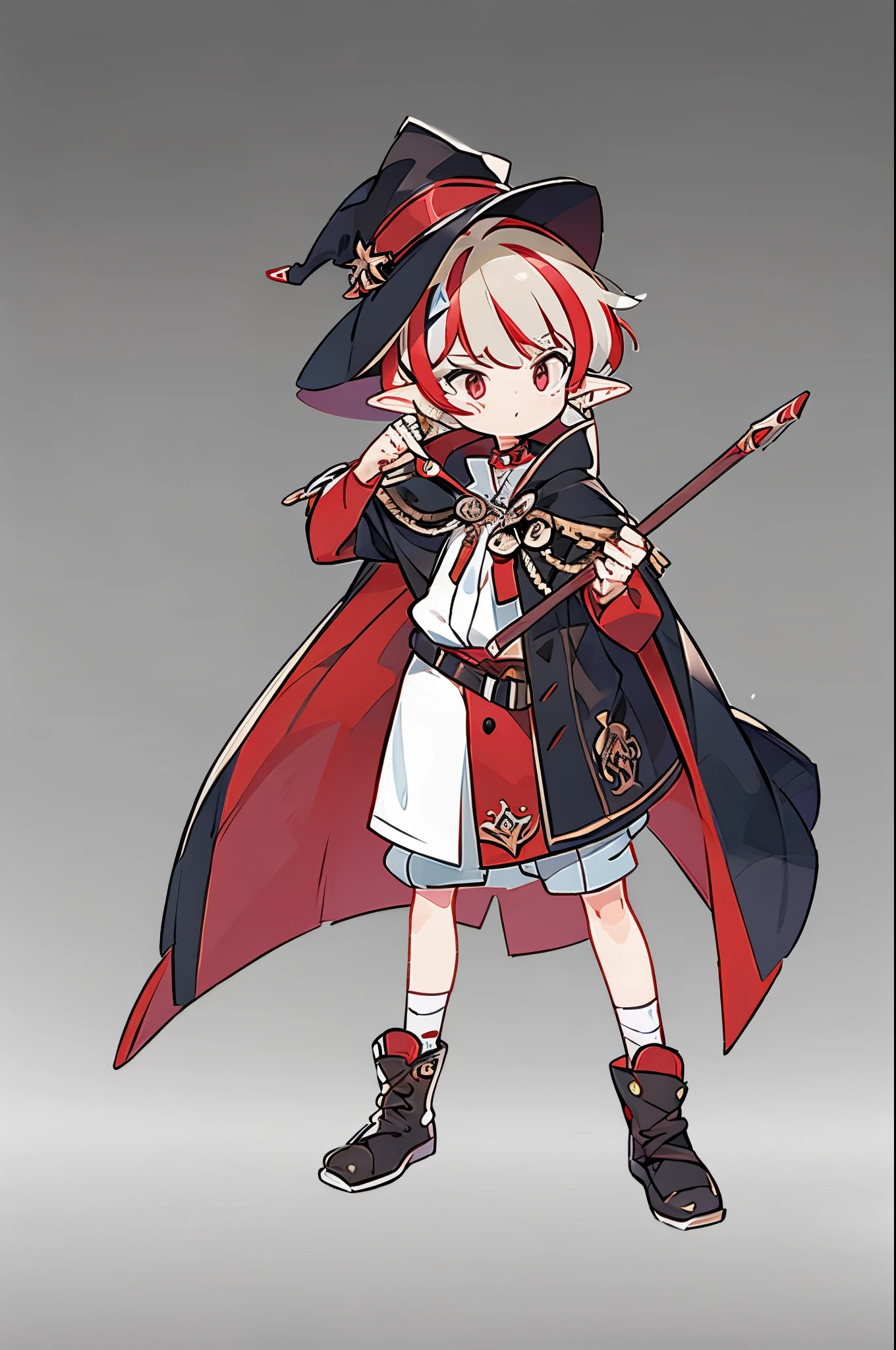 ((masterpiece)), ((best quality)), 1boy, solo, Concept art, standing figure painting, (elf), BREAK blonde hair, ((highlights hair, red streaked hair)), red cool eyes, BREAK (red and black theme), wizard costume, having a magical staff, BREAK ((no background, white background))