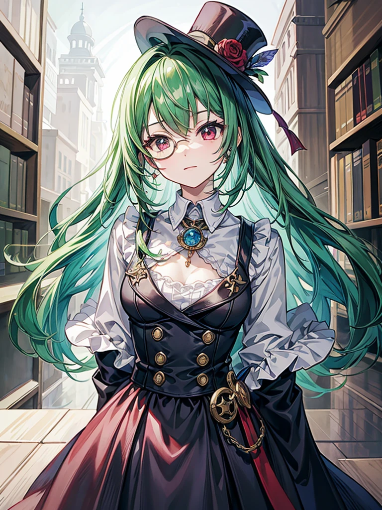 （（（masterpiece、Highest image quality、highest quality、highly detailed unity 8ｋwallpaper）））、（（Illustration of one girl、upper body））、（（（beautiful girl）））、（librarian）、（Emerald green hair、sidelocks：1.2、red eyes、crazy smile）、（（（flat chest）））、（monocle）、pocket watch、（（（Black top hat、tuxedo）））、great medieval library